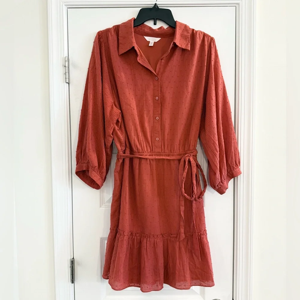 Textured Rust Button Front Belted Shirt Dress Size 1X - Picture 2 of 12